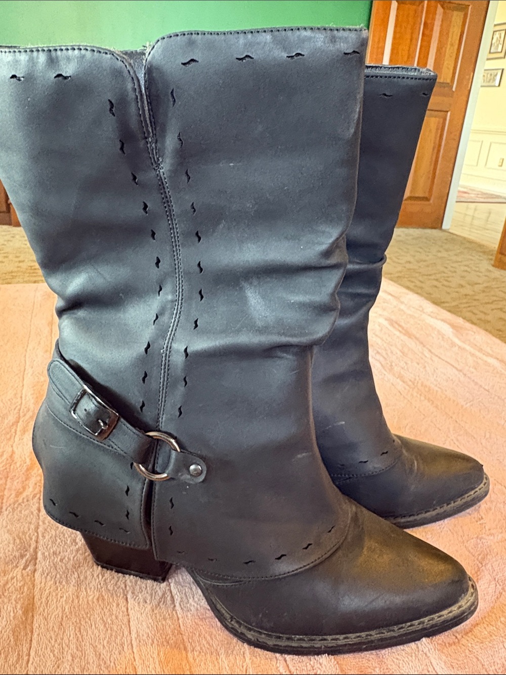 Classic Black Mid-Calf Heeled Boots with Buckle Accent